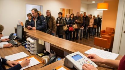 Menschen stehen Schlange in einer Arztpraxis und im Vordergrund ist eine TI-Kartenterminal zu sehen.